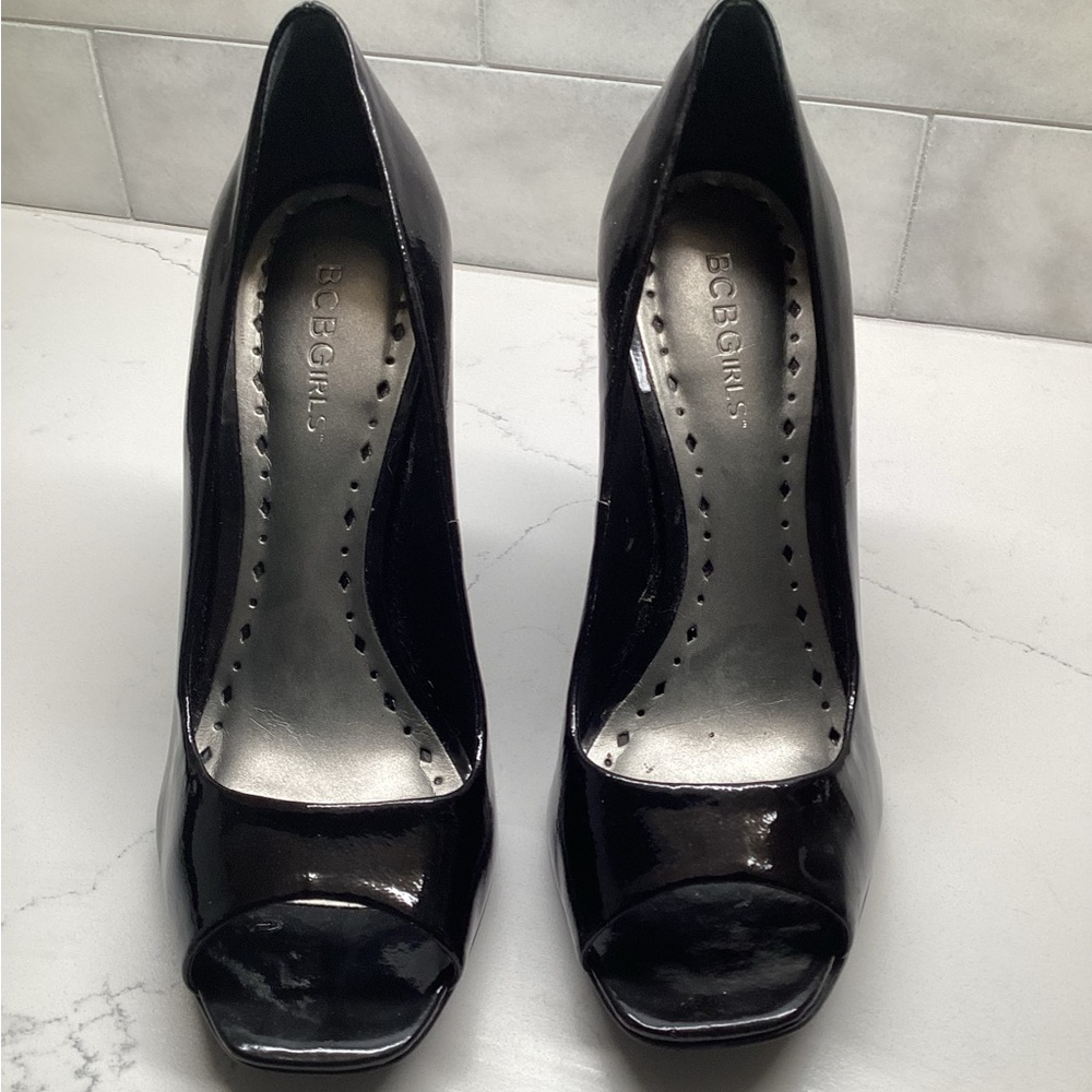 BCBGirls Shiny Black Peep Toe Heels
